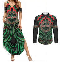 Aotearoa Ngai Tuhoe Personalised Couples Matching Summer Maxi Dress and Long Sleeve Button Shirt Maori Iwi Poutama Puhoro Tattoo LT14 Green - Polynesian Pride