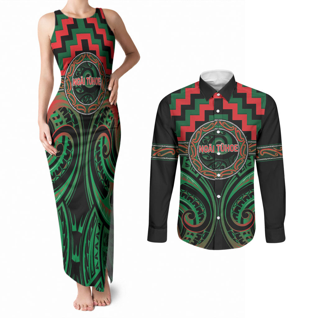 Aotearoa Ngai Tuhoe Personalised Couples Matching Tank Maxi Dress and Long Sleeve Button Shirt Maori Iwi Poutama Puhoro Tattoo LT14 Green - Polynesian Pride