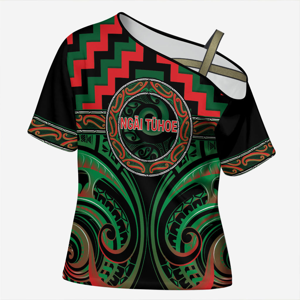 Aotearoa Ngai Tuhoe Personalised Cross Shoulder Shirt Maori Iwi Poutama Puhoro Tattoo LT14 Female Green - Polynesian Pride