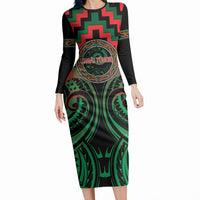 Aotearoa Ngai Tuhoe Personalised Long Sleeve Bodycon Dress Maori Iwi Poutama Puhoro Tattoo LT14 Long Dress Green - Polynesian Pride