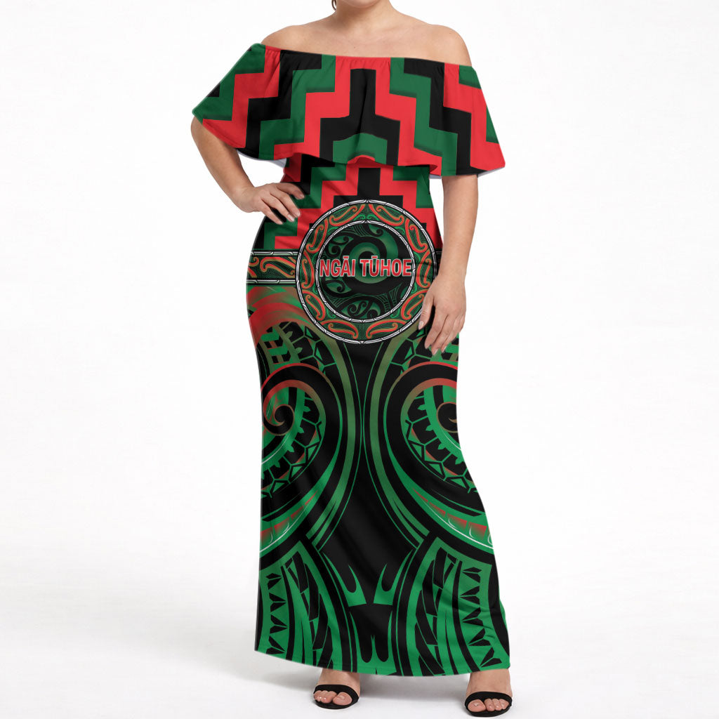 Aotearoa Ngai Tuhoe Personalised Off Shoulder Maxi Dress Maori Iwi Poutama Puhoro Tattoo LT14 Women Green - Polynesian Pride