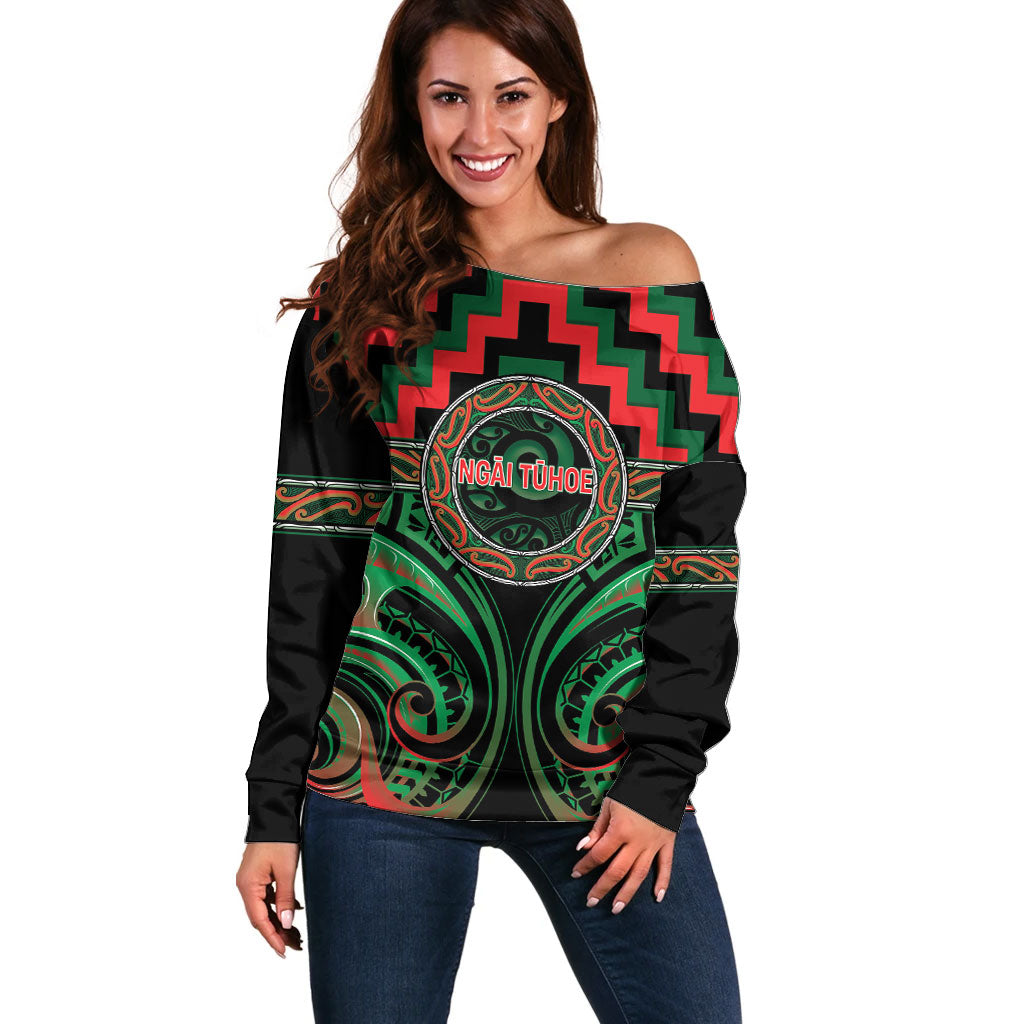 Aotearoa Ngai Tuhoe Personalised Off Shoulder Sweater Maori Iwi Poutama Puhoro Tattoo LT14 Women Green - Polynesian Pride
