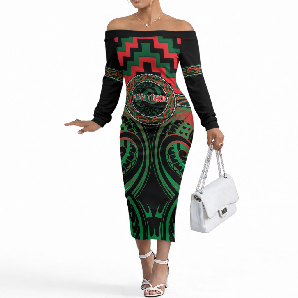 Aotearoa Ngai Tuhoe Personalised Off The Shoulder Long Sleeve Dress Maori Iwi Poutama Puhoro Tattoo LT14 Women Green - Polynesian Pride