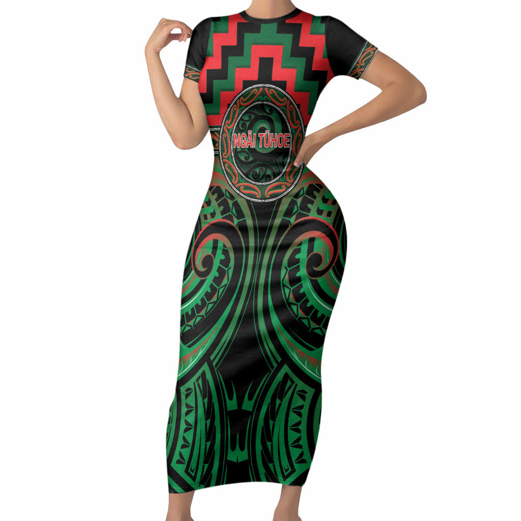 Aotearoa Ngai Tuhoe Personalised Short Sleeve Bodycon Dress Maori Iwi Poutama Puhoro Tattoo LT14 Long Dress Green - Polynesian Pride