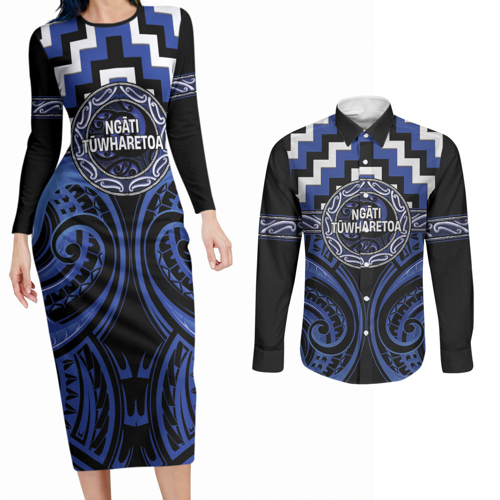 Aotearoa Ngati Tuwharetoa Personalised Couples Matching Long Sleeve Bodycon Dress and Long Sleeve Button Shirt Maori Iwi Poutama Puhoro Tattoo LT14 Blue - Polynesian Pride