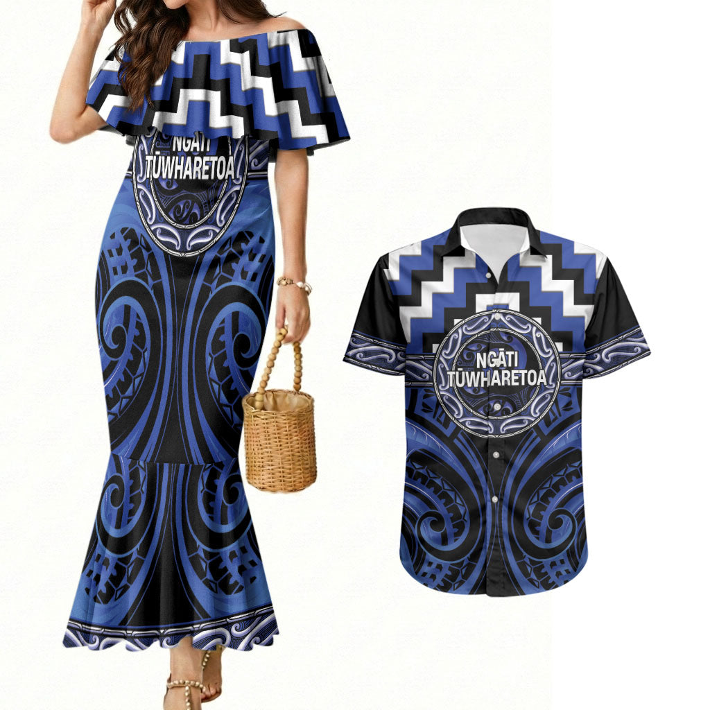 Aotearoa Ngati Tuwharetoa Personalised Couples Matching Mermaid Dress and Hawaiian Shirt Maori Iwi Poutama Puhoro Tattoo LT14 Blue - Polynesian Pride