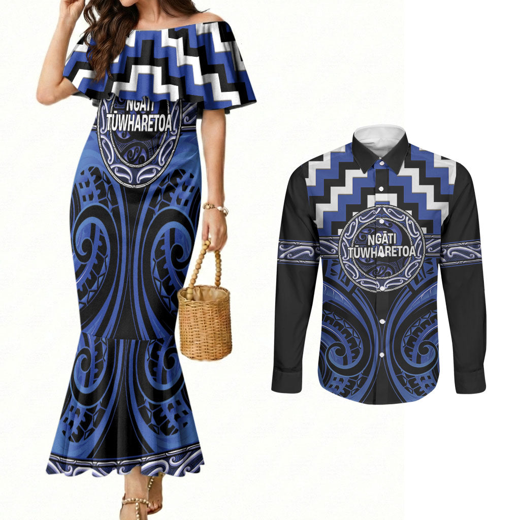 Aotearoa Ngati Tuwharetoa Personalised Couples Matching Mermaid Dress and Long Sleeve Button Shirt Maori Iwi Poutama Puhoro Tattoo LT14 Blue - Polynesian Pride