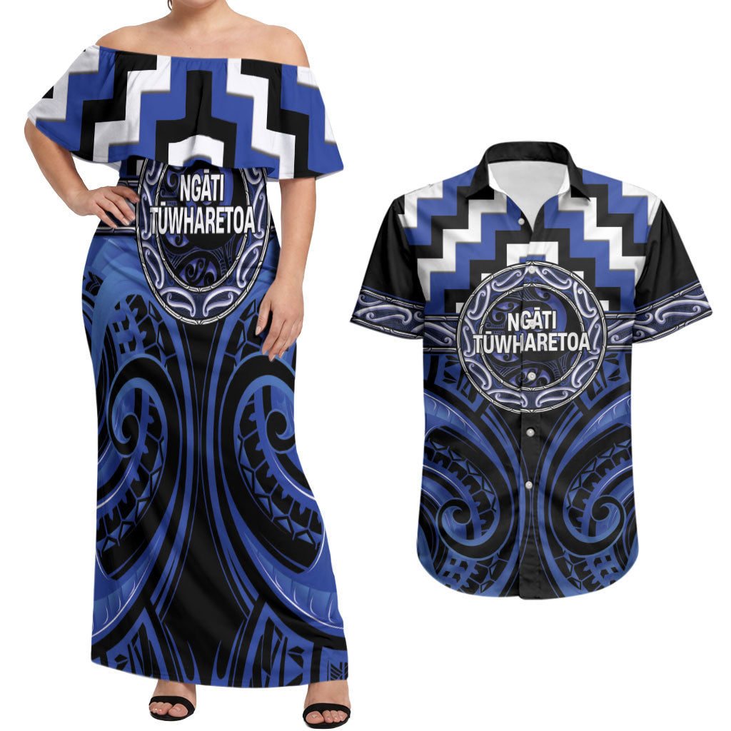 Aotearoa Ngati Tuwharetoa Personalised Couples Matching Off Shoulder Maxi Dress and Hawaiian Shirt Maori Iwi Poutama Puhoro Tattoo LT14 Blue - Polynesian Pride