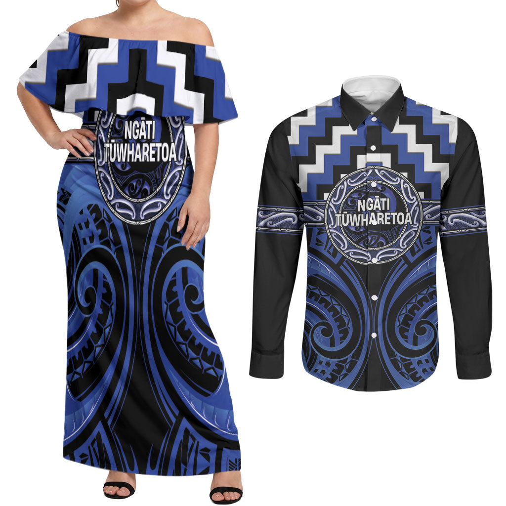 Aotearoa Ngati Tuwharetoa Personalised Couples Matching Off Shoulder Maxi Dress and Long Sleeve Button Shirt Maori Iwi Poutama Puhoro Tattoo LT14 Blue - Polynesian Pride
