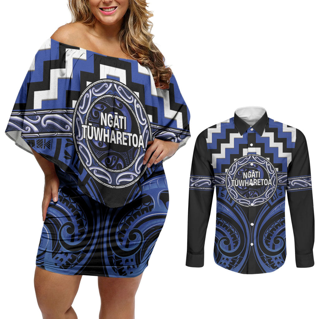 Aotearoa Ngati Tuwharetoa Personalised Couples Matching Off Shoulder Short Dress and Long Sleeve Button Shirt Maori Iwi Poutama Puhoro Tattoo LT14 Blue - Polynesian Pride