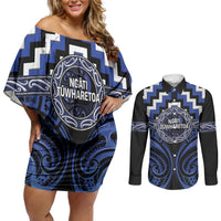 Aotearoa Ngati Tuwharetoa Personalised Couples Matching Off Shoulder Short Dress and Long Sleeve Button Shirt Maori Iwi Poutama Puhoro Tattoo LT14 Blue - Polynesian Pride