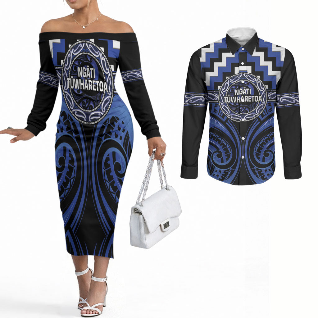Aotearoa Ngati Tuwharetoa Personalised Couples Matching Off The Shoulder Long Sleeve Dress and Long Sleeve Button Shirt Maori Iwi Poutama Puhoro Tattoo LT14 Blue - Polynesian Pride
