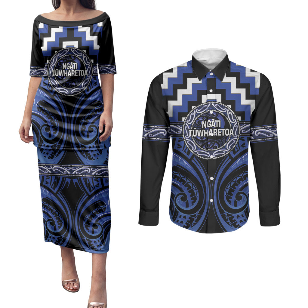 Aotearoa Ngati Tuwharetoa Personalised Couples Matching Puletasi and Long Sleeve Button Shirt Maori Iwi Poutama Puhoro Tattoo LT14 Blue - Polynesian Pride