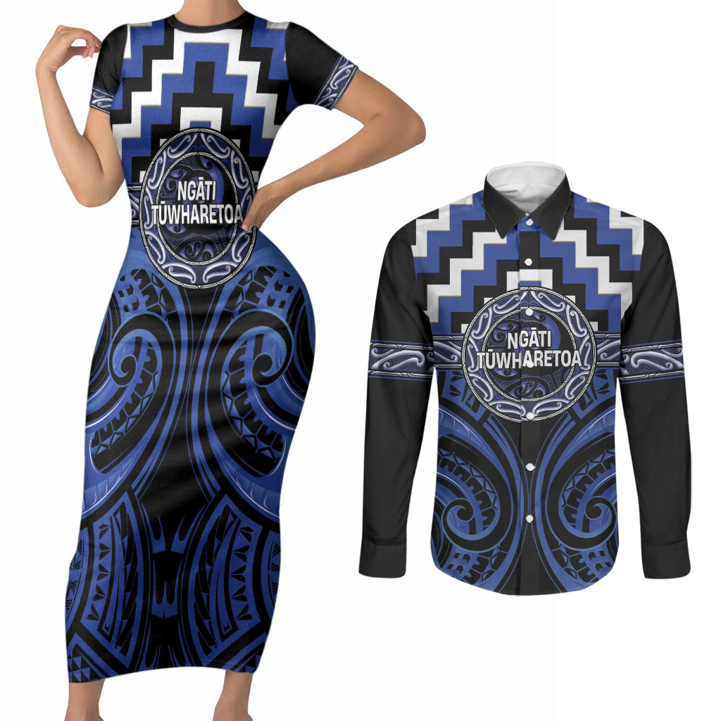 Aotearoa Ngati Tuwharetoa Personalised Couples Matching Short Sleeve Bodycon Dress and Long Sleeve Button Shirt Maori Iwi Poutama Puhoro Tattoo LT14 Blue - Polynesian Pride