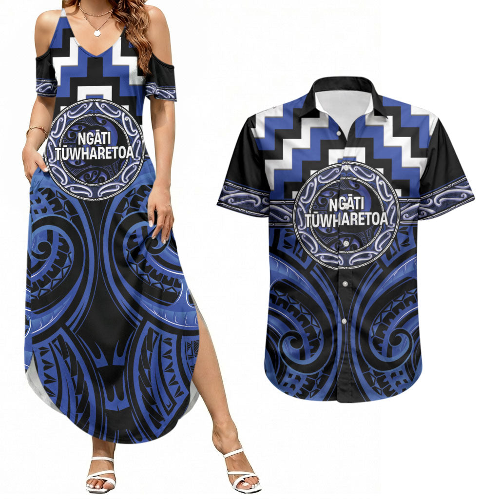 Aotearoa Ngati Tuwharetoa Personalised Couples Matching Summer Maxi Dress and Hawaiian Shirt Maori Iwi Poutama Puhoro Tattoo LT14 Blue - Polynesian Pride
