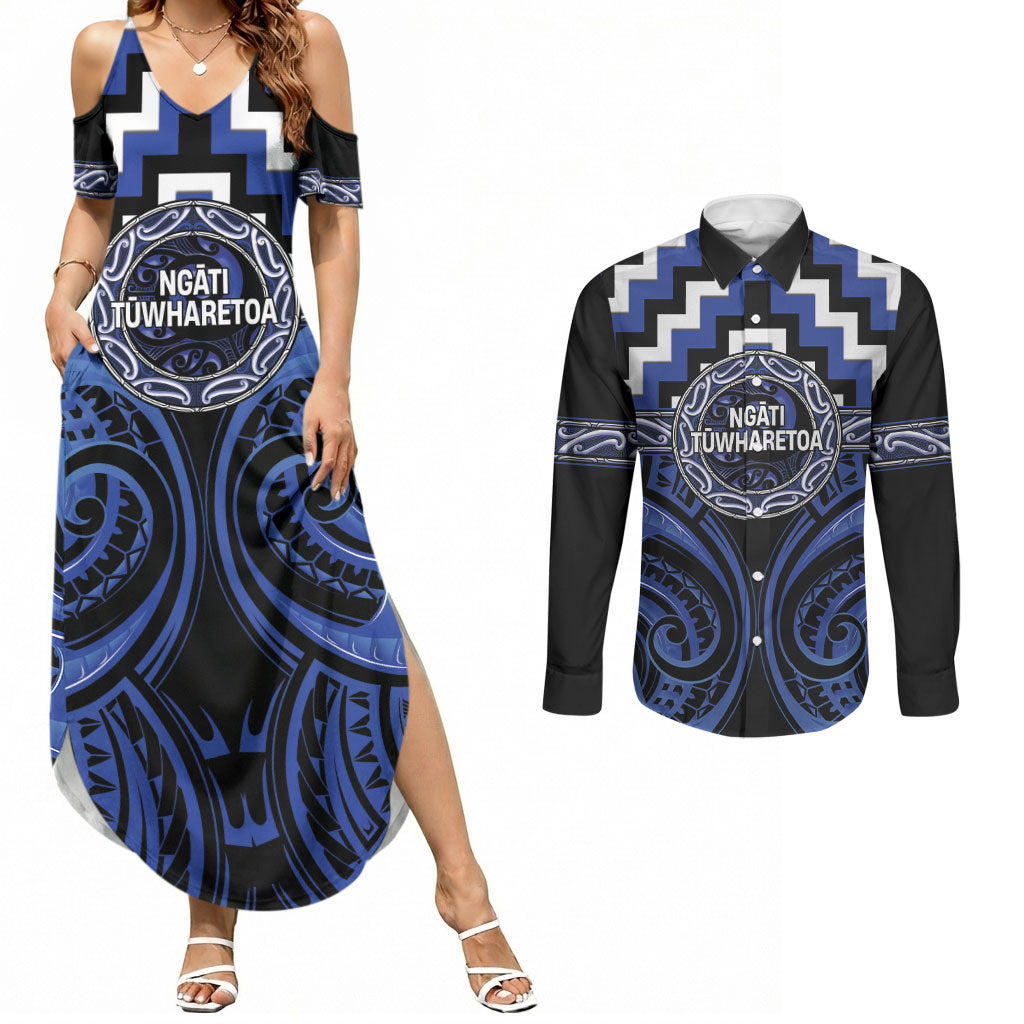 Aotearoa Ngati Tuwharetoa Personalised Couples Matching Summer Maxi Dress and Long Sleeve Button Shirt Maori Iwi Poutama Puhoro Tattoo LT14 Blue - Polynesian Pride