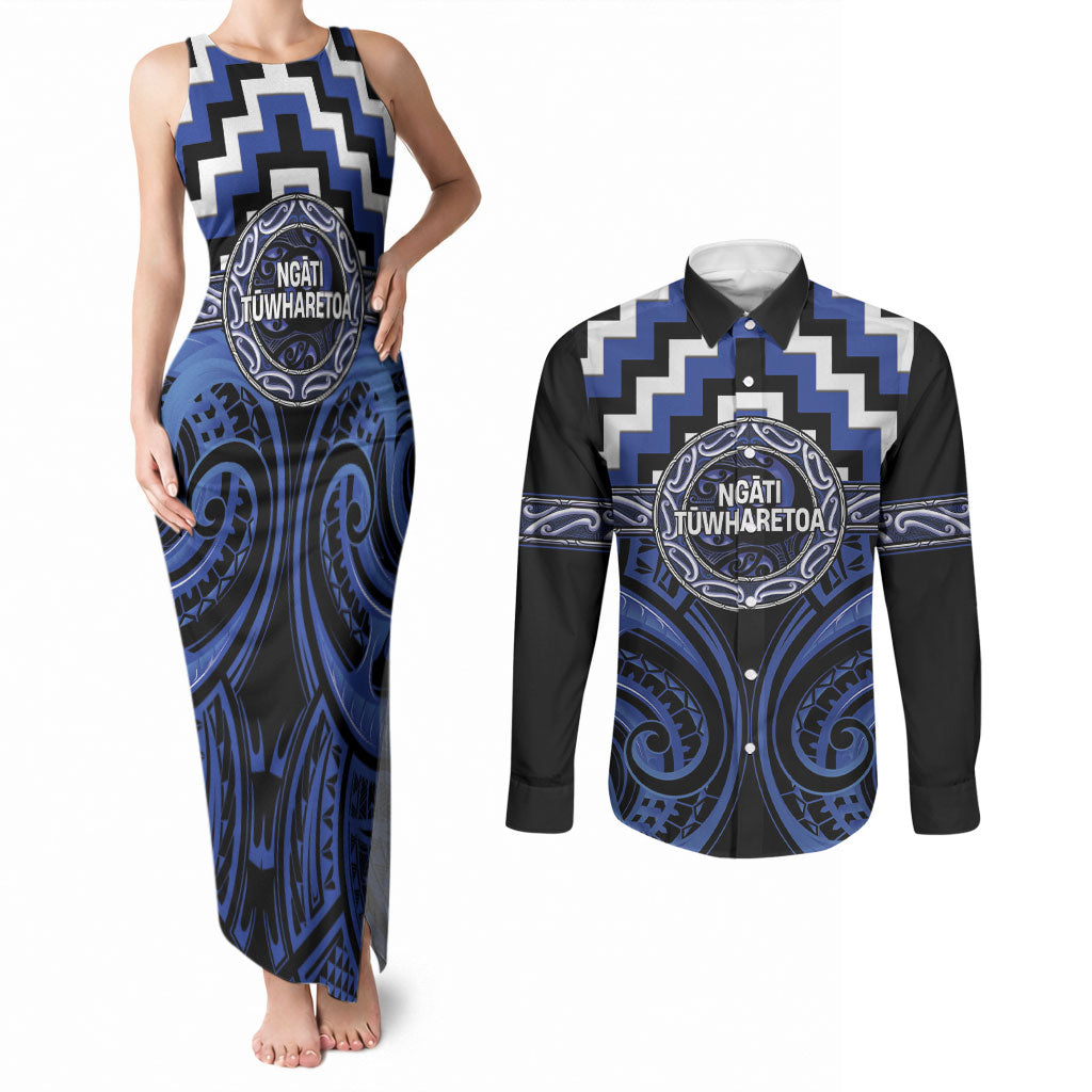 Aotearoa Ngati Tuwharetoa Personalised Couples Matching Tank Maxi Dress and Long Sleeve Button Shirt Maori Iwi Poutama Puhoro Tattoo LT14 Blue - Polynesian Pride