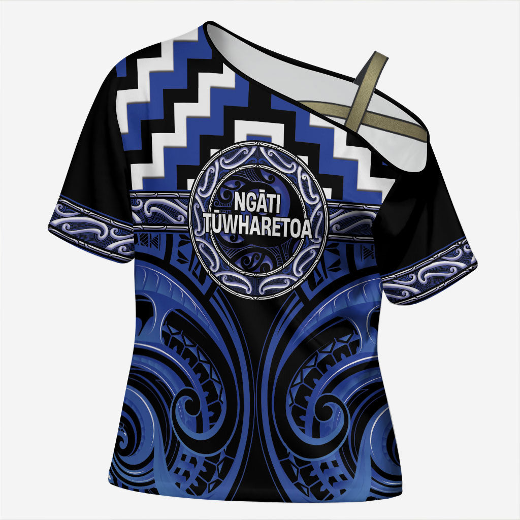 Aotearoa Ngati Tuwharetoa Personalised Cross Shoulder Shirt Maori Iwi Poutama Puhoro Tattoo LT14 Female Blue - Polynesian Pride