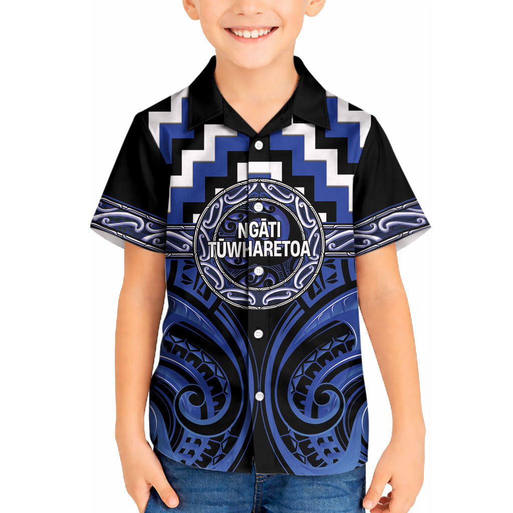 Aotearoa Ngati Tuwharetoa Personalised Kid Hawaiian Shirt Maori Iwi Poutama Puhoro Tattoo LT14 Kid Blue - Polynesian Pride