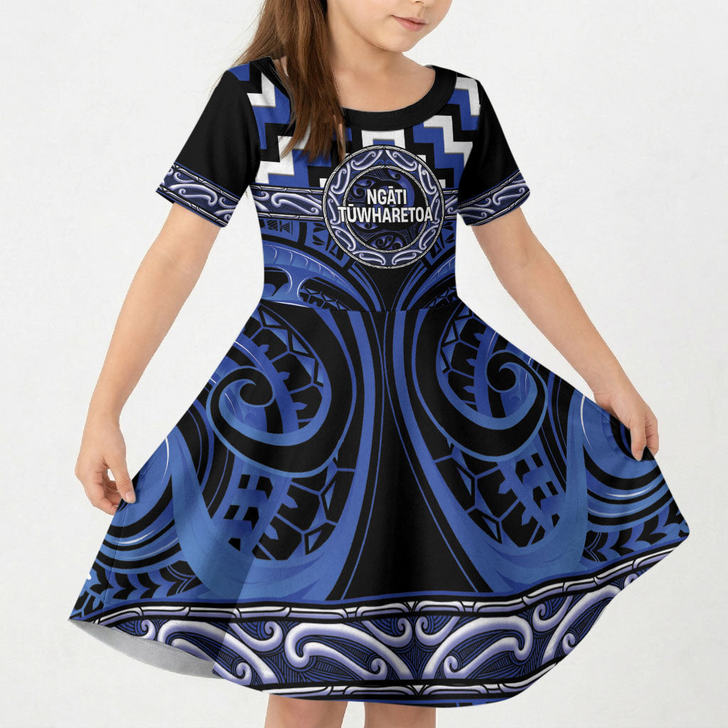 Aotearoa Ngati Tuwharetoa Personalised Kid Short Sleeve Dress Maori Iwi Poutama Puhoro Tattoo LT14 KID Blue - Polynesian Pride