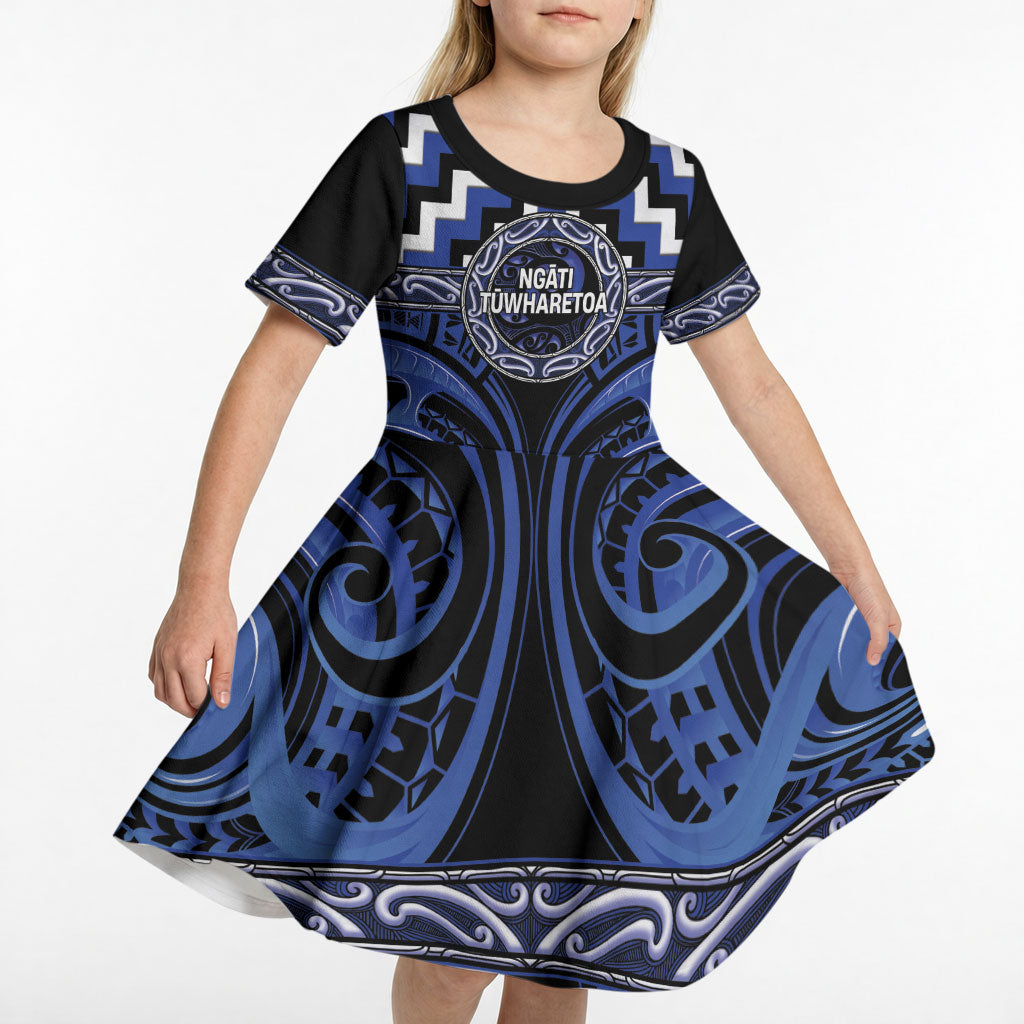 Aotearoa Ngati Tuwharetoa Personalised Kid Short Sleeve Dress Maori Iwi Poutama Puhoro Tattoo LT14 - Polynesian Pride