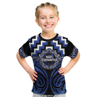 Aotearoa Ngati Tuwharetoa Personalised Kid T Shirt Maori Iwi Poutama Puhoro Tattoo LT14 Blue - Polynesian Pride