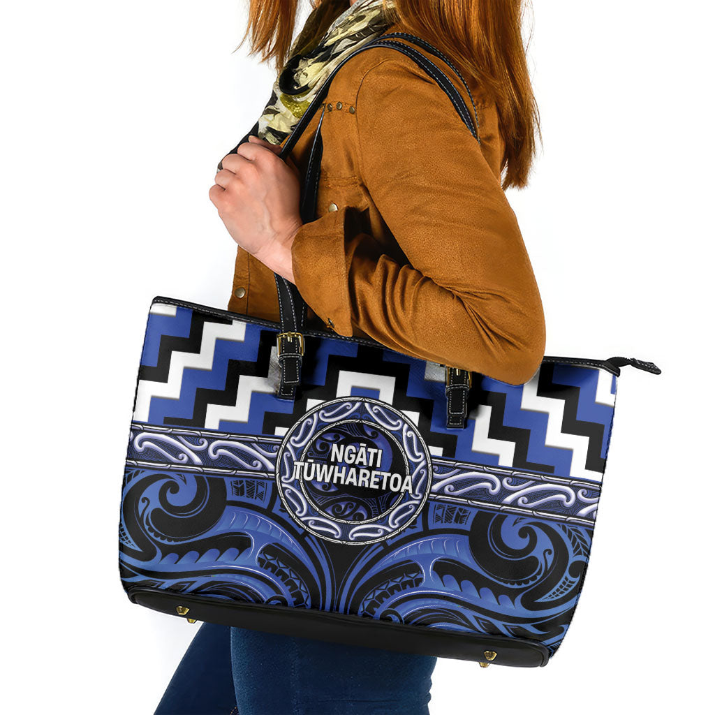 Aotearoa Ngati Tuwharetoa Leather Tote Bag Maori Iwi Poutama Puhoro Tattoo LT14 Blue - Polynesian Pride