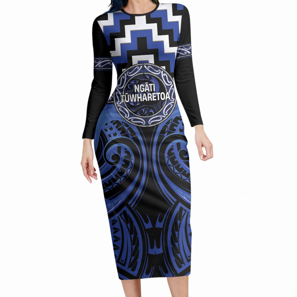 Aotearoa Ngati Tuwharetoa Personalised Long Sleeve Bodycon Dress Maori Iwi Poutama Puhoro Tattoo LT14 Long Dress Blue - Polynesian Pride