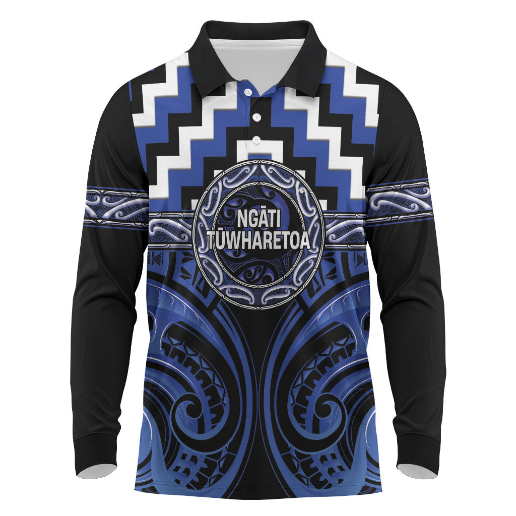 Aotearoa Ngati Tuwharetoa Personalised Long Sleeve Polo Shirt Maori Iwi Poutama Puhoro Tattoo LT14 Blue - Polynesian Pride