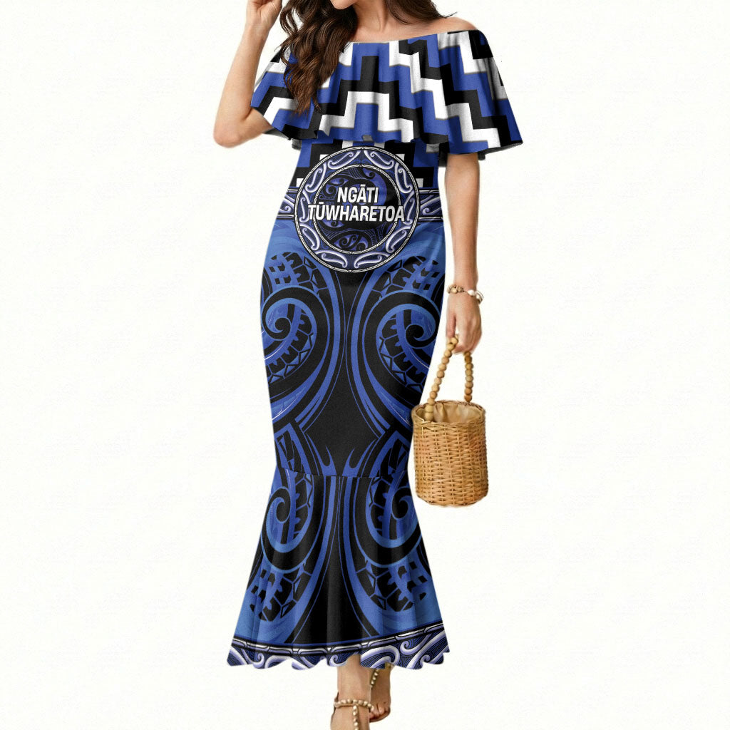 Aotearoa Ngati Tuwharetoa Personalised Mermaid Dress Maori Iwi Poutama Puhoro Tattoo LT14 Women Blue - Polynesian Pride