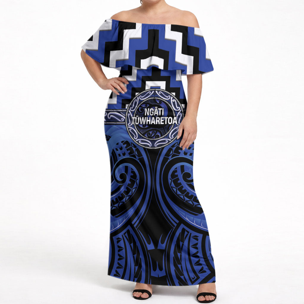 Aotearoa Ngati Tuwharetoa Personalised Off Shoulder Maxi Dress Maori Iwi Poutama Puhoro Tattoo LT14 Women Blue - Polynesian Pride