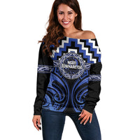 Aotearoa Ngati Tuwharetoa Personalised Off Shoulder Sweater Maori Iwi Poutama Puhoro Tattoo LT14 Women Blue - Polynesian Pride