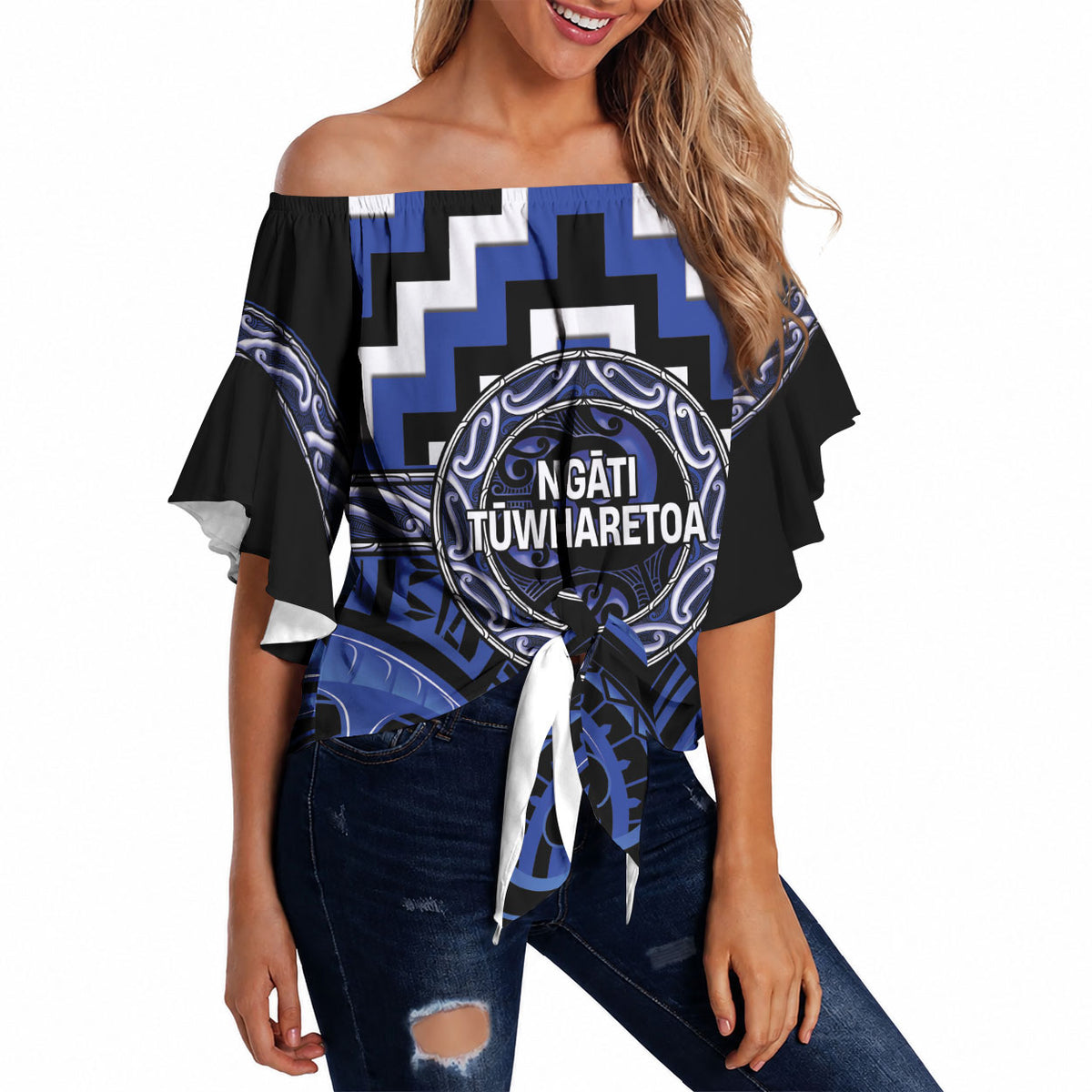 Aotearoa Ngati Tuwharetoa Personalised Off Shoulder Wrap Waist Top Maori Iwi Poutama Puhoro Tattoo LT14 - Polynesian Pride