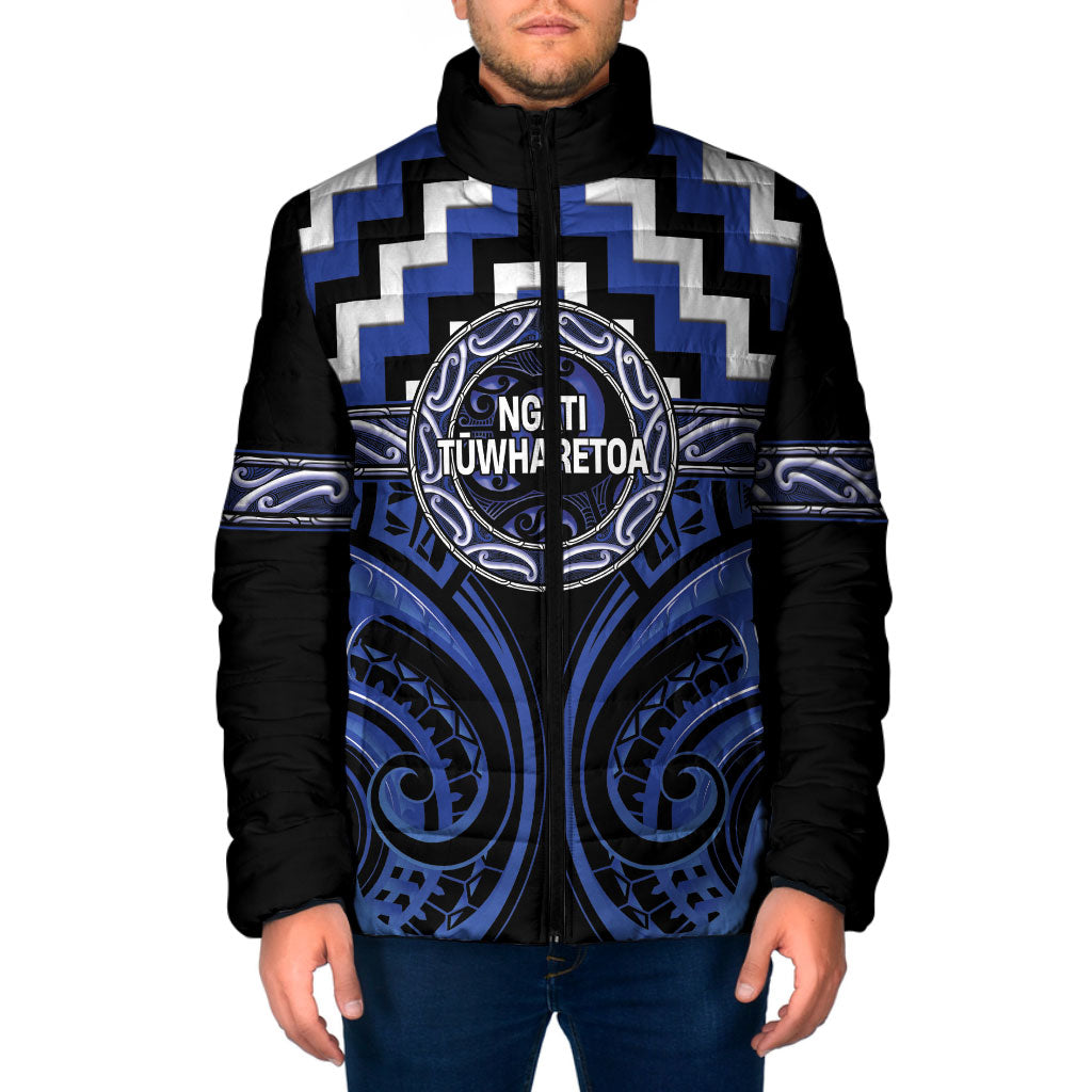 Aotearoa Ngati Tuwharetoa Personalised Padded Jacket Maori Iwi Poutama Puhoro Tattoo LT14 Men Blue - Polynesian Pride