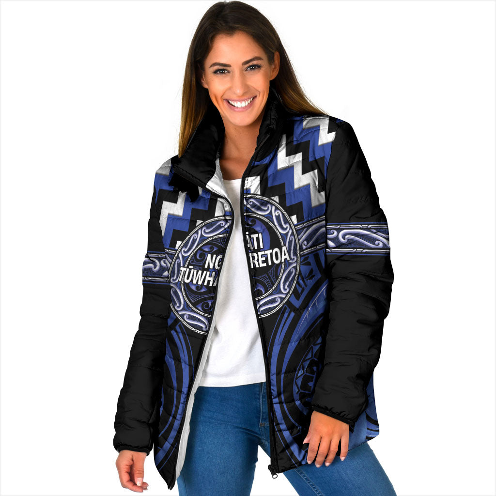 Aotearoa Ngati Tuwharetoa Personalised Padded Jacket Maori Iwi Poutama Puhoro Tattoo LT14 Women Blue - Polynesian Pride