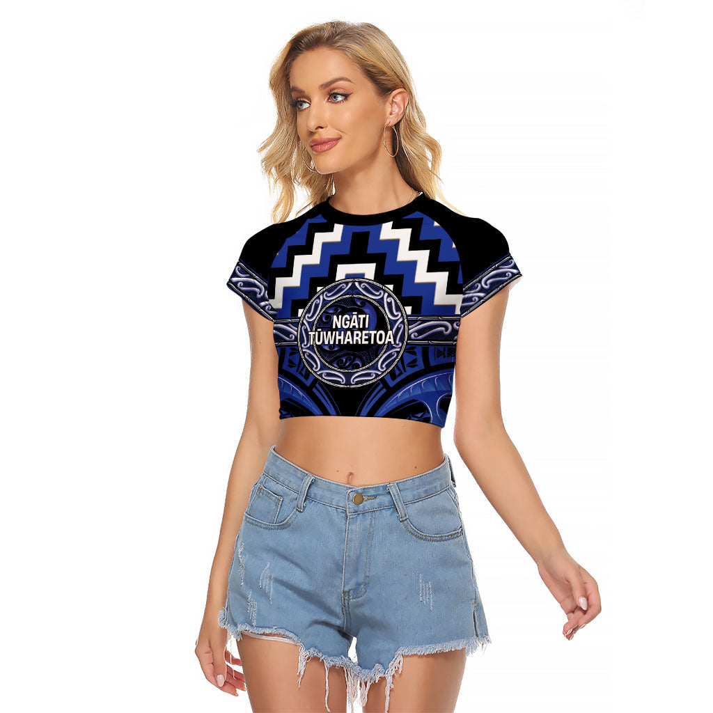 Aotearoa Ngati Tuwharetoa Personalised Raglan Cropped T Shirt Maori Iwi Poutama Puhoro Tattoo LT14 Female Blue - Polynesian Pride