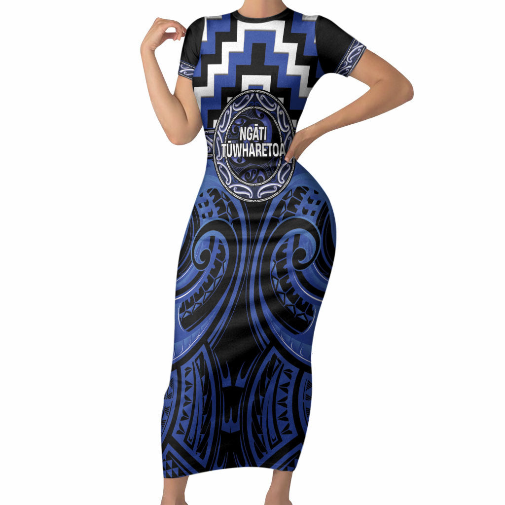 Aotearoa Ngati Tuwharetoa Personalised Short Sleeve Bodycon Dress Maori Iwi Poutama Puhoro Tattoo LT14 Long Dress Blue - Polynesian Pride