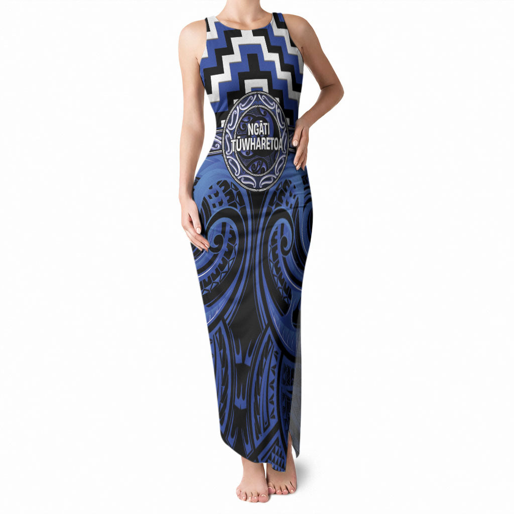 Aotearoa Ngati Tuwharetoa Personalised Tank Maxi Dress Maori Iwi Poutama Puhoro Tattoo LT14 Women Blue - Polynesian Pride