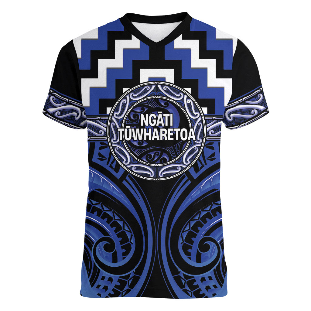Aotearoa Ngati Tuwharetoa Personalised Women V-Neck T-Shirt Maori Iwi Poutama Puhoro Tattoo LT14 Female Blue - Polynesian Pride