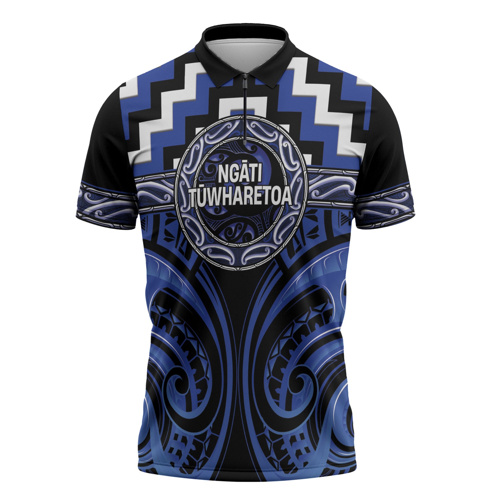 Aotearoa Ngati Tuwharetoa Personalised Zipper Polo Shirt Maori Iwi Poutama Puhoro Tattoo LT14 Blue - Polynesian Pride