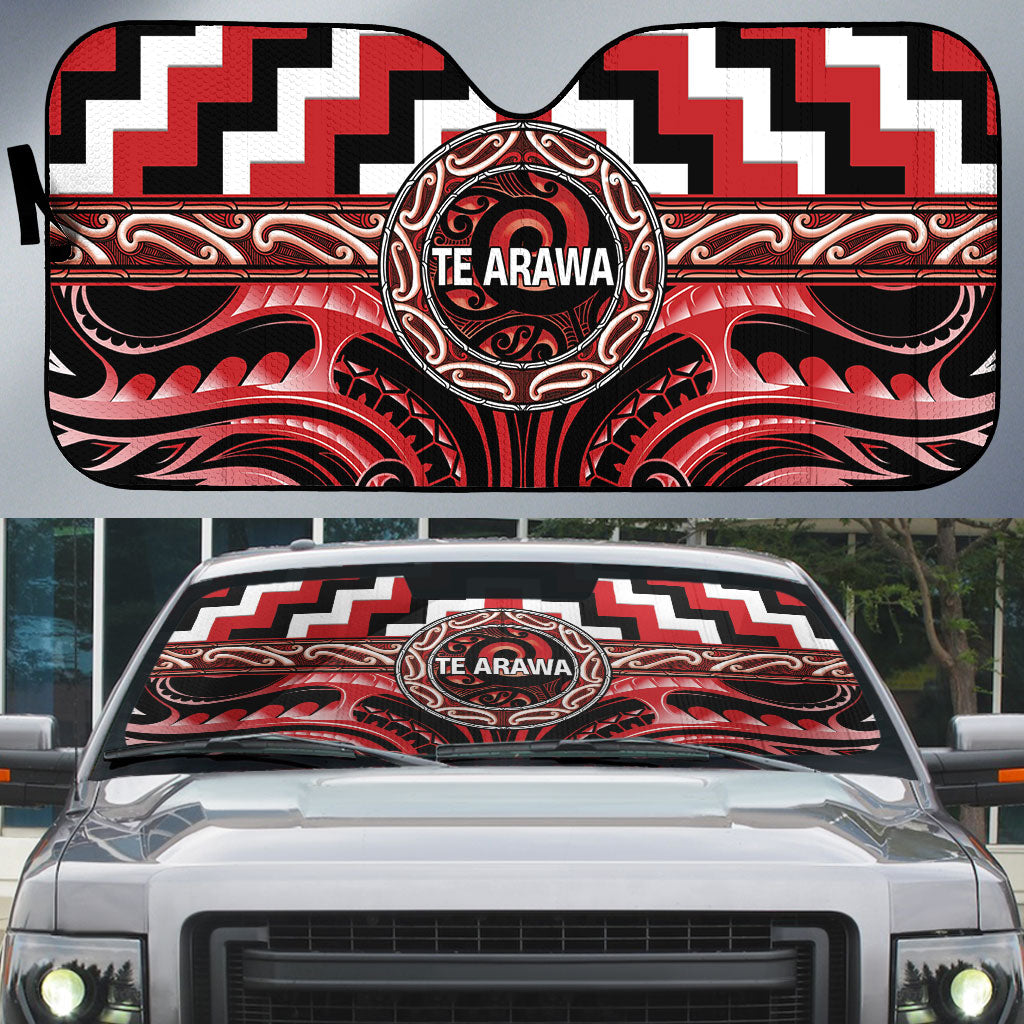 Aotearoa Te Arawa Auto Sun Shade Maori Iwi Poutama Puhoro Tattoo LT14 Red - Polynesian Pride