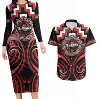 Aotearoa Te Arawa Personalised Couples Matching Long Sleeve Bodycon Dress and Hawaiian Shirt Maori Iwi Poutama Puhoro Tattoo LT14 Red - Polynesian Pride
