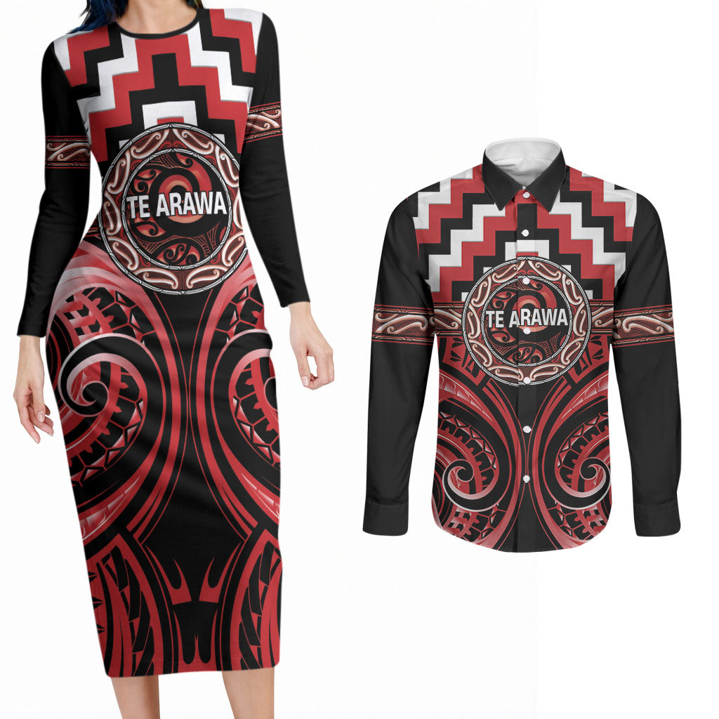 Aotearoa Te Arawa Personalised Couples Matching Long Sleeve Bodycon Dress and Long Sleeve Button Shirt Maori Iwi Poutama Puhoro Tattoo LT14 Red - Polynesian Pride