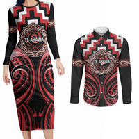 Aotearoa Te Arawa Personalised Couples Matching Long Sleeve Bodycon Dress and Long Sleeve Button Shirt Maori Iwi Poutama Puhoro Tattoo LT14 Red - Polynesian Pride