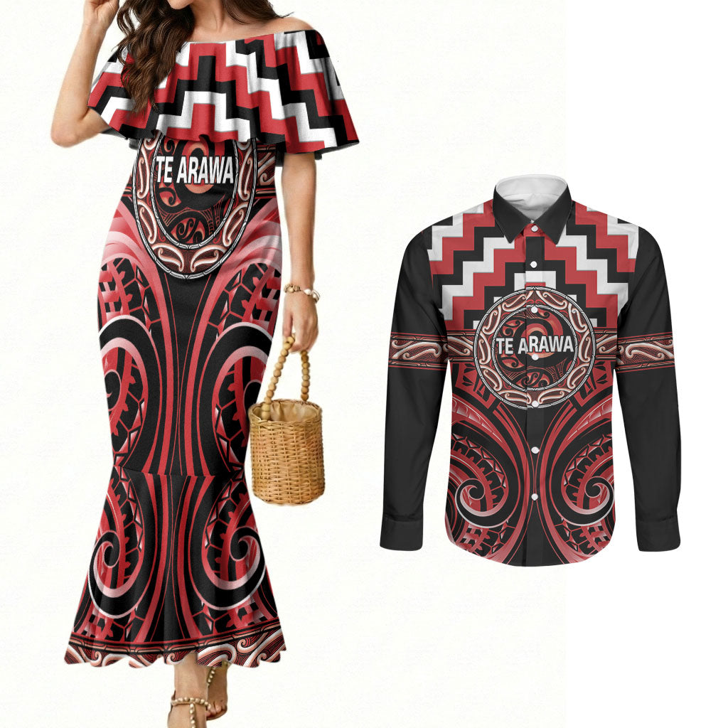 Aotearoa Te Arawa Personalised Couples Matching Mermaid Dress and Long Sleeve Button Shirt Maori Iwi Poutama Puhoro Tattoo LT14 Red - Polynesian Pride