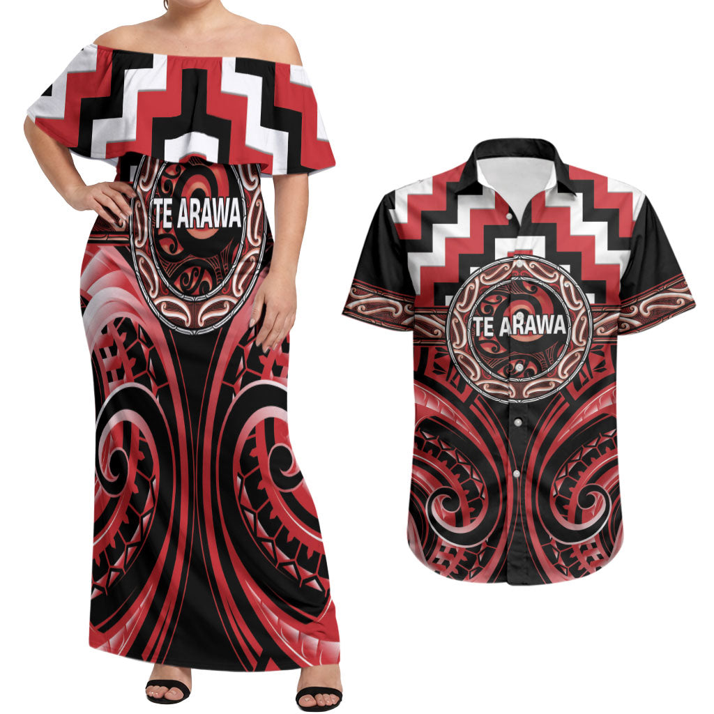 Aotearoa Te Arawa Personalised Couples Matching Off Shoulder Maxi Dress and Hawaiian Shirt Maori Iwi Poutama Puhoro Tattoo LT14 Red - Polynesian Pride