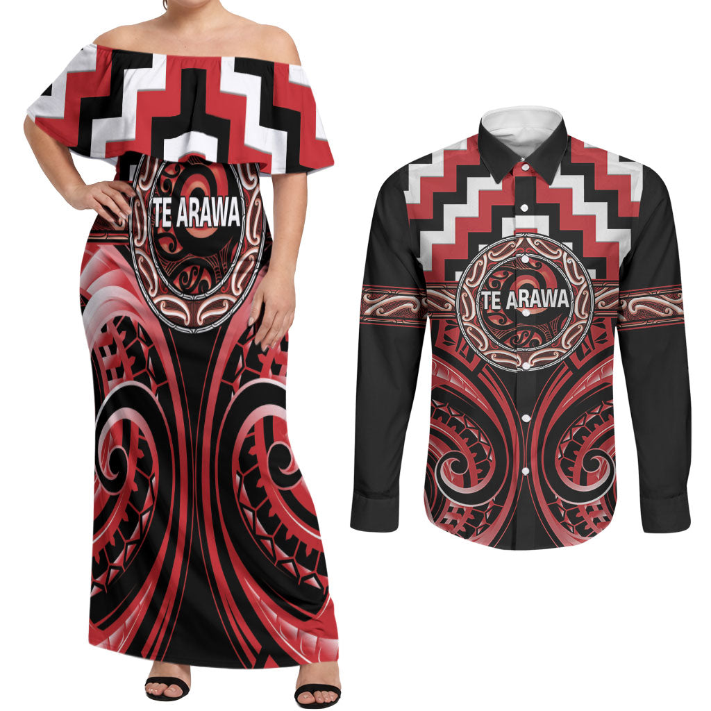 Aotearoa Te Arawa Personalised Couples Matching Off Shoulder Maxi Dress and Long Sleeve Button Shirt Maori Iwi Poutama Puhoro Tattoo LT14 Red - Polynesian Pride