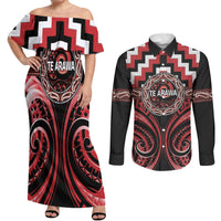 Aotearoa Te Arawa Personalised Couples Matching Off Shoulder Maxi Dress and Long Sleeve Button Shirt Maori Iwi Poutama Puhoro Tattoo LT14 Red - Polynesian Pride