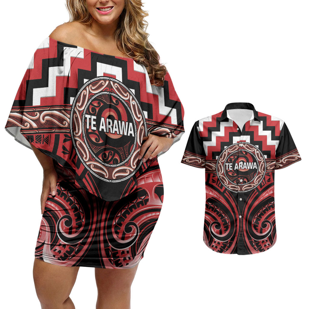 Aotearoa Te Arawa Personalised Couples Matching Off Shoulder Short Dress and Hawaiian Shirt Maori Iwi Poutama Puhoro Tattoo LT14 Red - Polynesian Pride