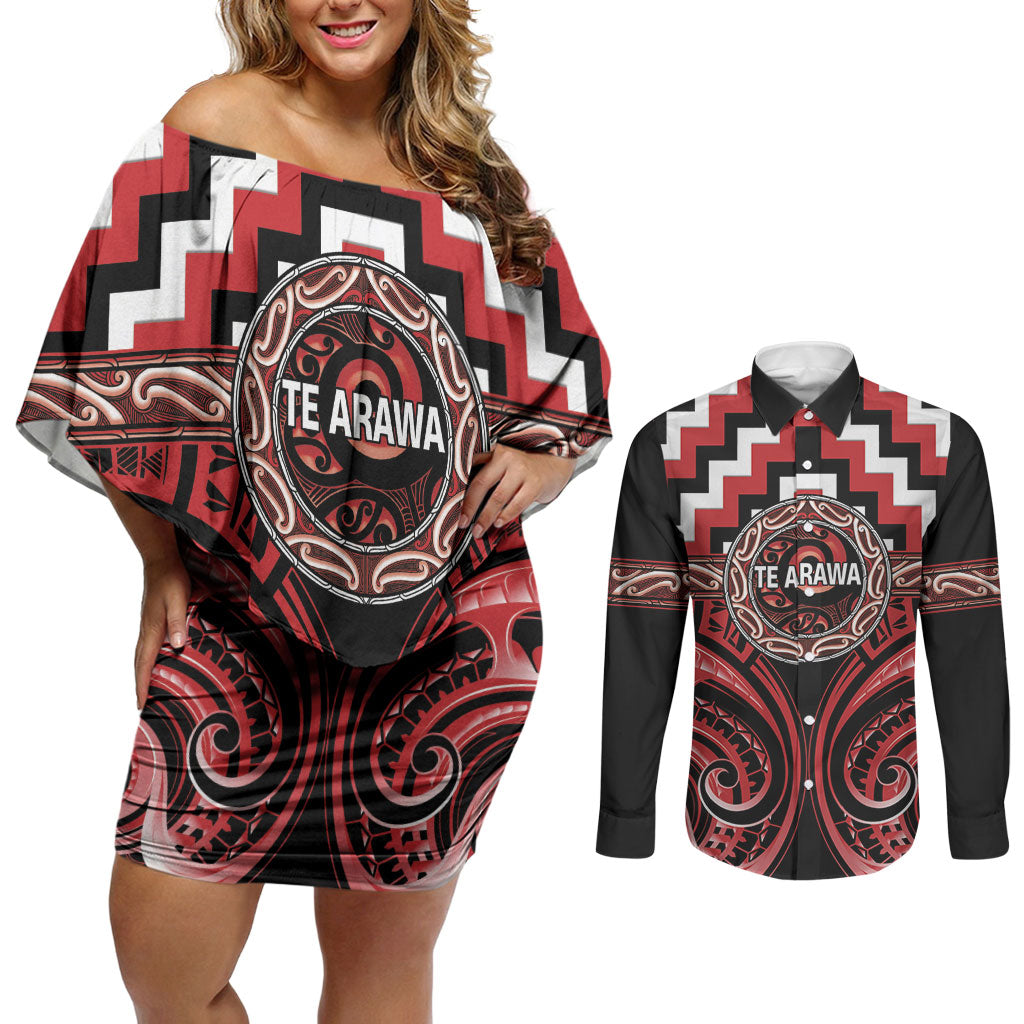 Aotearoa Te Arawa Personalised Couples Matching Off Shoulder Short Dress and Long Sleeve Button Shirt Maori Iwi Poutama Puhoro Tattoo LT14 Red - Polynesian Pride